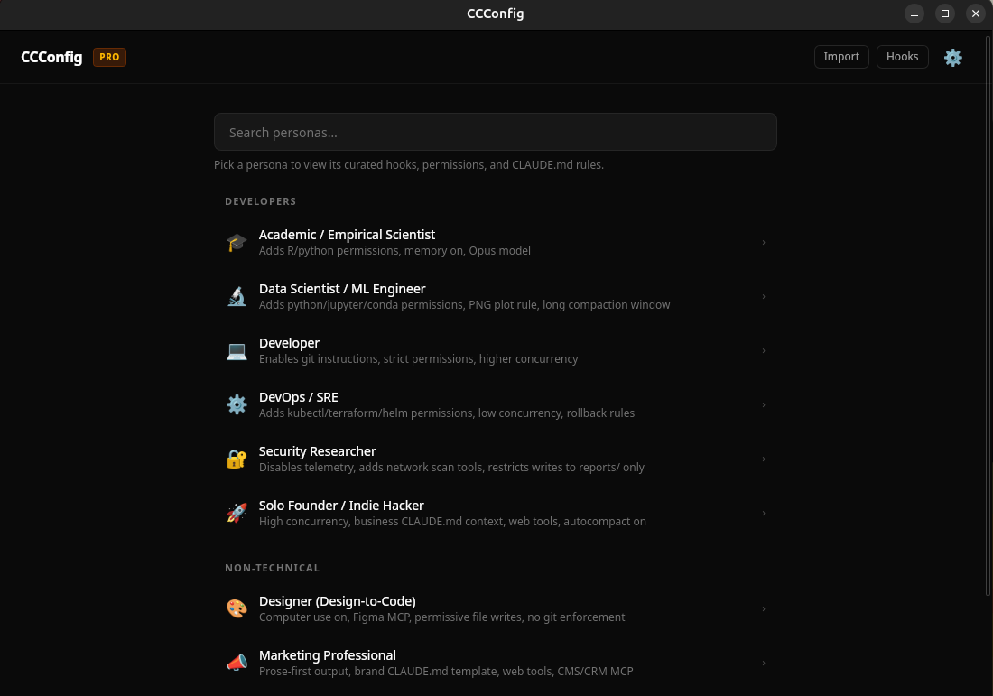 CCConfig persona list — pick your role
