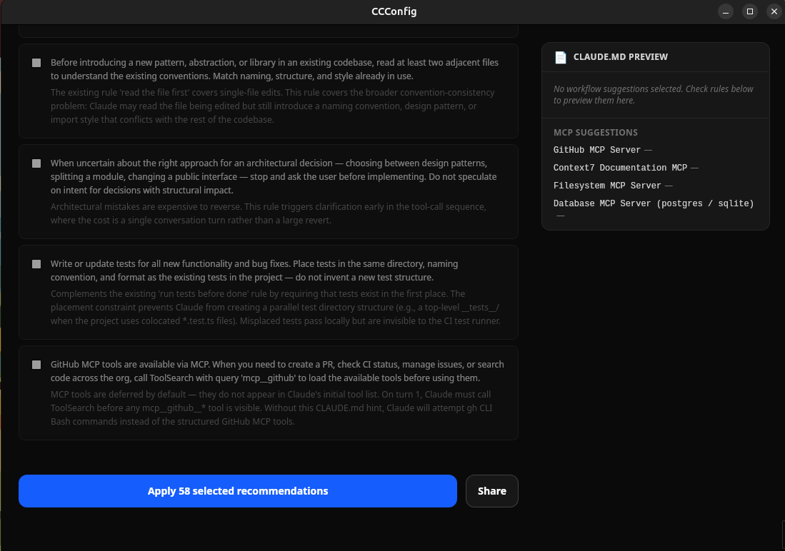 CCConfig one-click apply — apply all recommendations